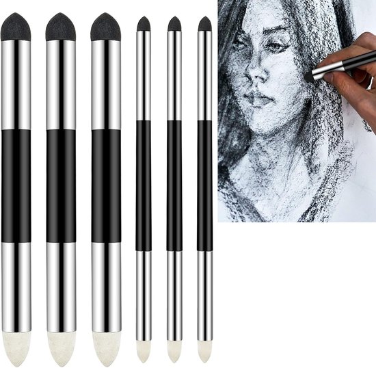 6 Pcs Artist Blending Sponge Pens Double Headed Washable Rubbing Sponge Brush Sketch - View #6