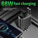 Zwarte DISEV autolader met twee USB-C kabels, die naast een smartphone wordt gebruikt die snel oplaadt.