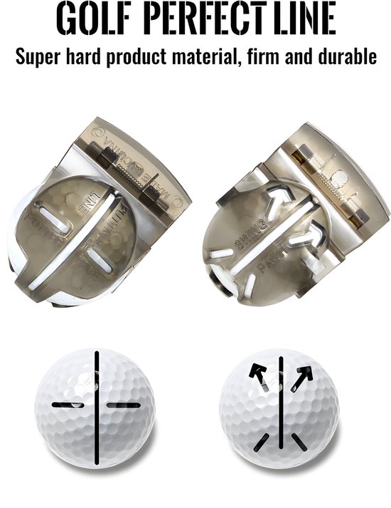 Grijze golfbal lijnmarkers, één met 'LINE' en 'PUTTER' gemarkeerd, de ander met 'SWING' en 'PATH'. Golfbal met duidelijke verticale en horizontale lijnen.