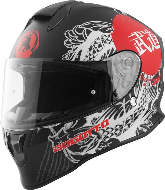 Zwarte motorhelm met witte drakenprint, rode cirkel met Japanse tekens '武士道' en gouden logo, met transparant vizier.