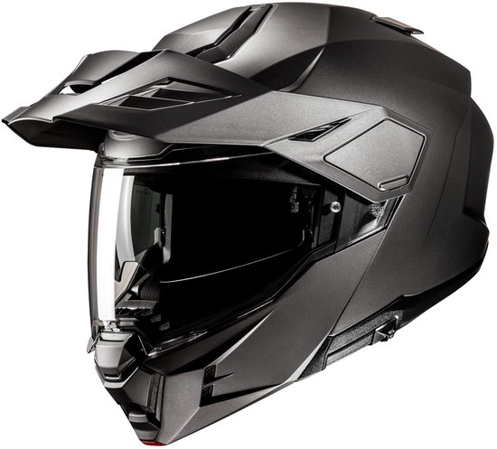 Matzwarte HJC adventure motorhelm met verstelbare klep en helder vizier.