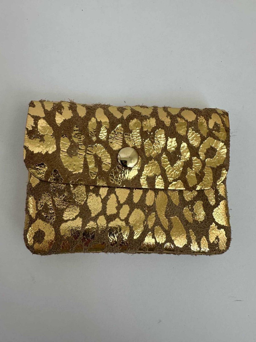 Portemonnee Klein Panter Panthera Bruin Goud | Mat & Metallic - 10,5 cm x 8 cm - Geld - Betalen - Accessoires - Accessoire - Mode - Fashion - Echt leer - Leather - Brown - Dames - Vrouwen - Mama - Cadeau - Kado - Luxe - Mini - Small Trendy - Leopard