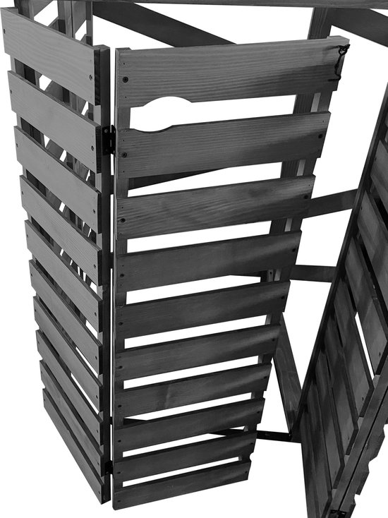 Grijze houten containerberging met scharnierende panelen, gedeeltelijk geopend voor toegang.