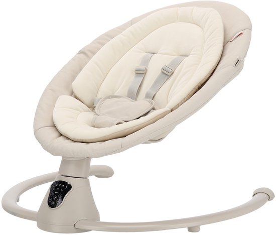 Crèmekleurige babyschommel met verstelbare zitting en bedieningspaneel aan de voet.
