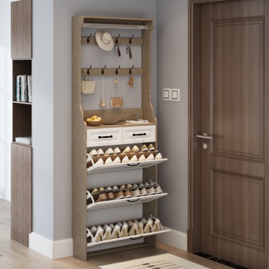 Witte+eiken schoenenkast met hanger, 3 deuren 2 laden