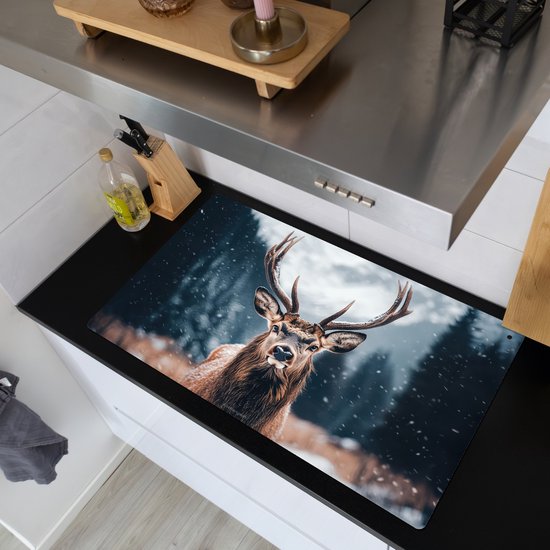 KitchenYeah® Protection plaque induction 90x52 cm - Cerf - Hiver - Tête de cerf - Neige - Bois - Protege plaque de cuisson - Couvre plaque induction - Protecteur d'induction - Cuisine
