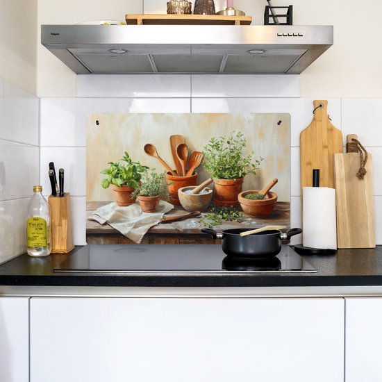 KitchenYeah® Protection plaque induction 83x52 cm - Pots - Herbes - Bois - Protege plaque de cuisson - Couvre plaque induction - Protecteur d'induction - Cuisine