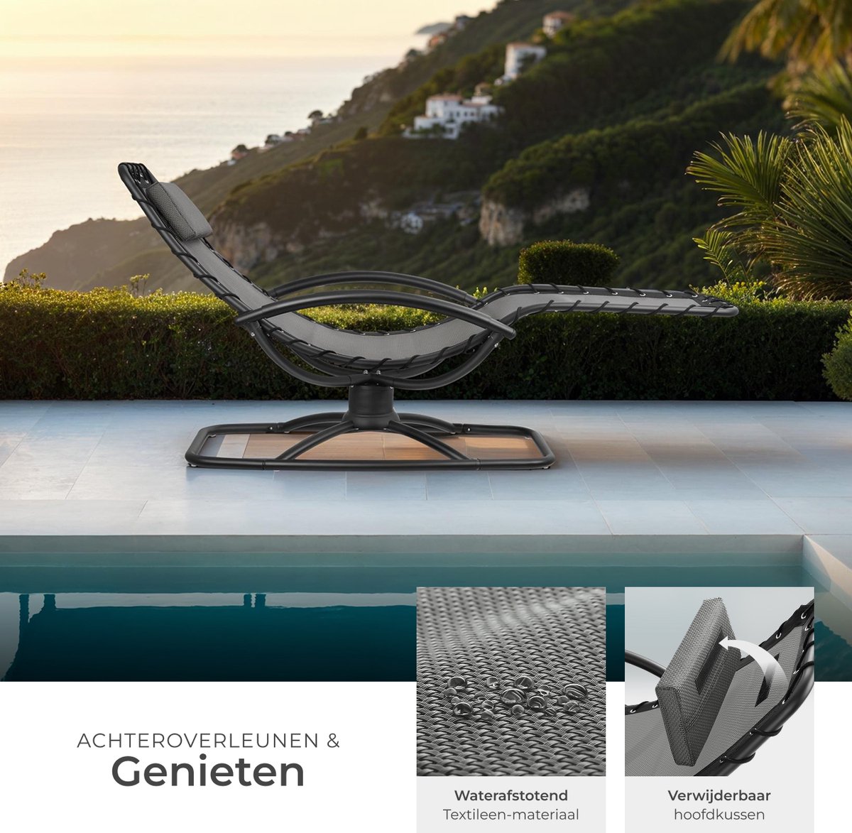 tectake® Ligstoel Toulon - Ergonomische Tuinstoel met Schommelfunctie - Ligbed voor Tuin, Terras en Balkon - Relaxstoel met Hoofdkussen en Comfortabele Armleuningen - 120kg Draagkracht - Grijs – foto 8