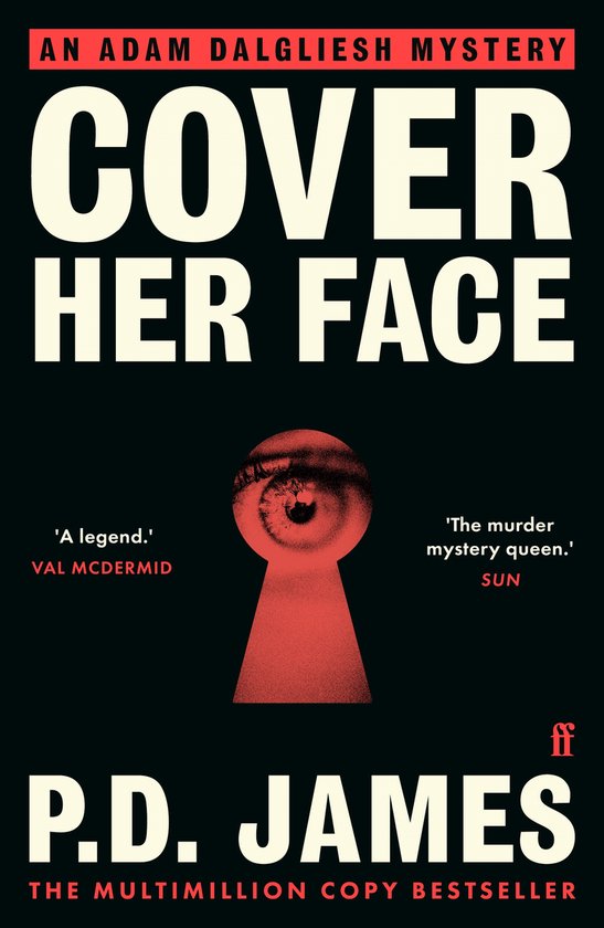 Boekomslag van 'Cover Her Face' van P.D. James, met een oog in een sleutelgat.