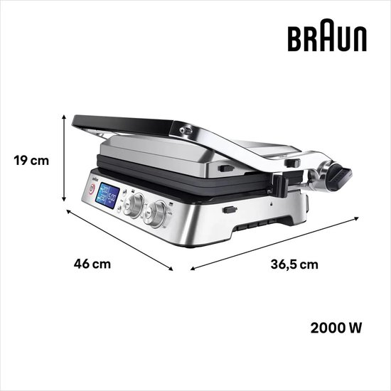 Afmetingen van de contactgrill: 46 cm breed, 36,5 cm diep, 19 cm hoog. Vermogen 2000W.