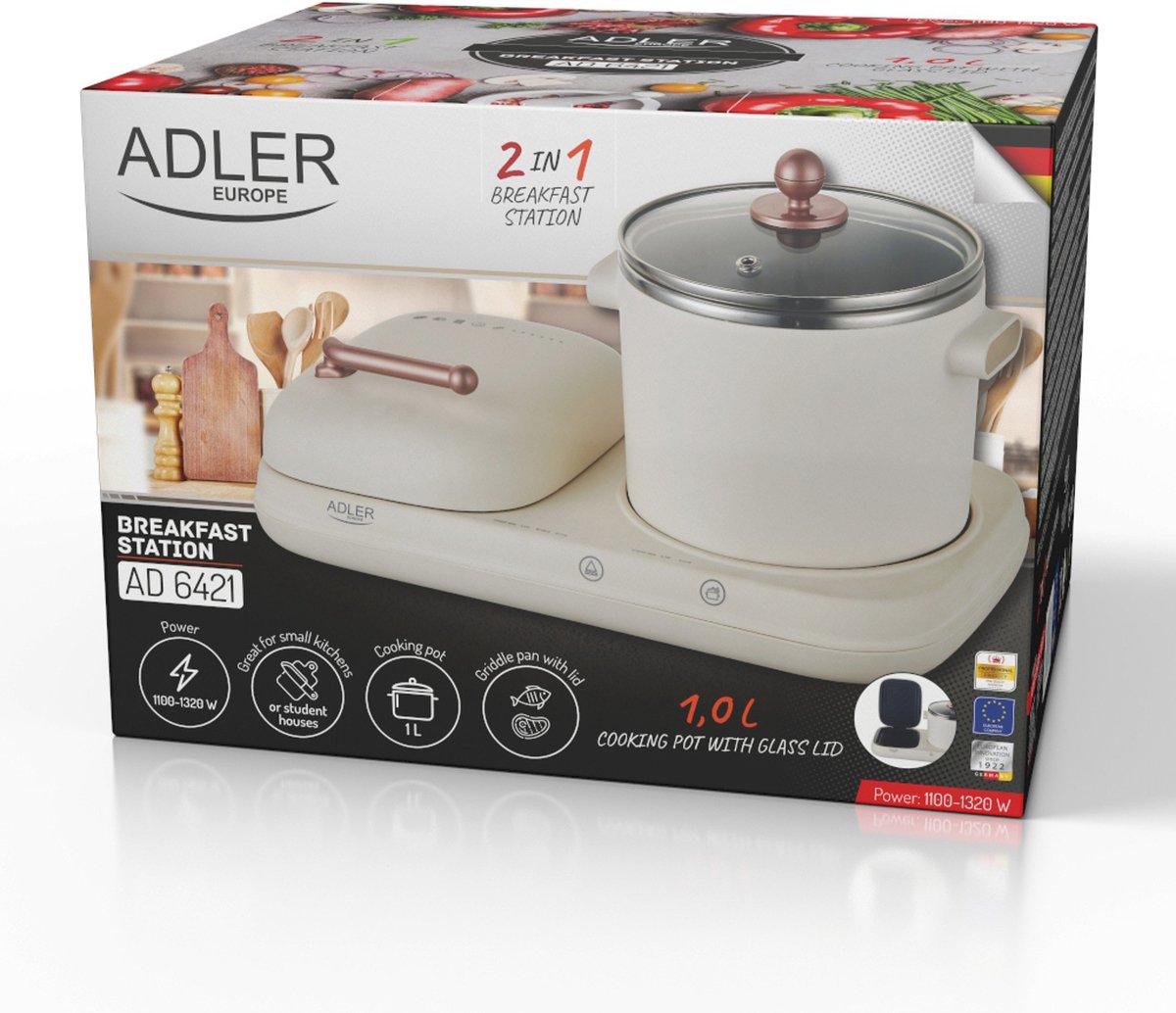 Adler AD 6421 - Multicooker - Ontbijtstation 2 in 1 - grill en kookpot - Retro-design voor kleine keukens 1100-1320W Multifunctioneel voor ontbijt en meer – foto 5