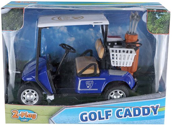 Blauwe speelgoed golfcaddy met witte parasol, witte mand en oranje golftas met clubs.