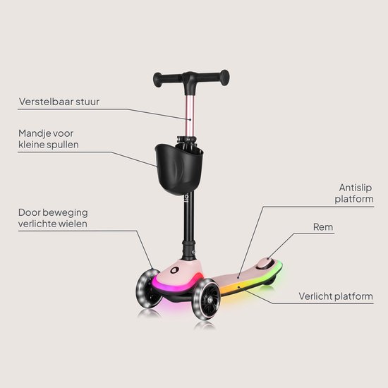 Roze kinderstep met verstelbaar stuur, mandje, antislip platform en rem. De wielen en het voetplateau lichten op in regenboogkleuren.