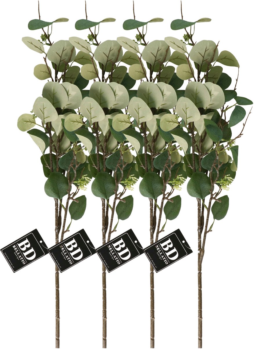 Bellatio Design Kunstbloem/kunsttak Eucalyptus Narvik - 4x - 92 cm - lichtgroen - kunst zijdebloemen
