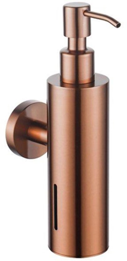 Ronde, koperkleurige FugaFlow zeepdispenser voor wandmontage.