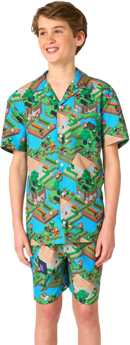 OppoSuits Teen Boys Minecraft Summer Set - Officieel Minecraft pak - Shorts en Shirt - Zomer outfit - Maat EU134/140