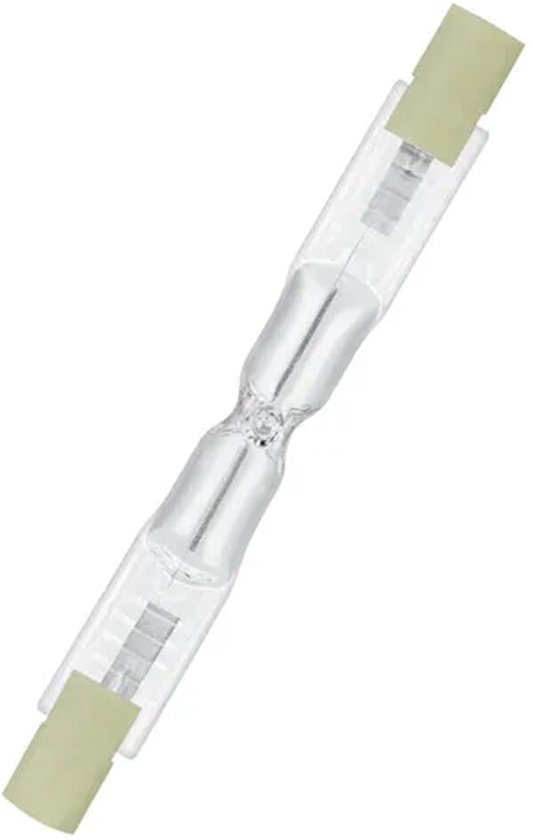 Halogeenlamp met dubbele spiraal, helder glas en witte fittingen aan beide zijden.