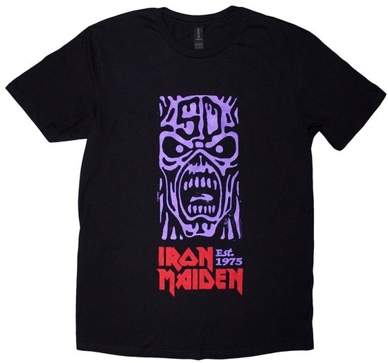 Zwarte T-shirt met paarse en rode Iron Maiden 'Est. 1975' logo opdruk.