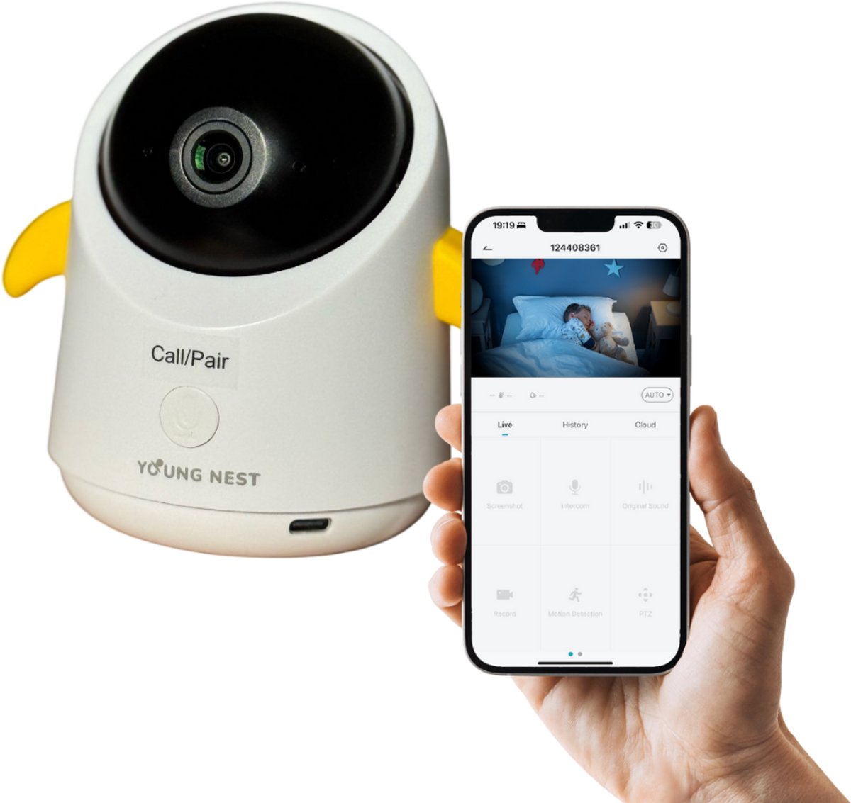 Babyfoon met camera – Young Nest – 360° zicht – Nachtvisie – Tweerichtingscommunicatie – Bewegings- & temperatuurwaarschuwing