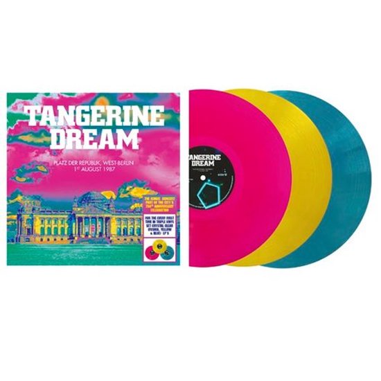 Tangerine Dream albumhoes met roze, gele en blauwe vinylplaten.