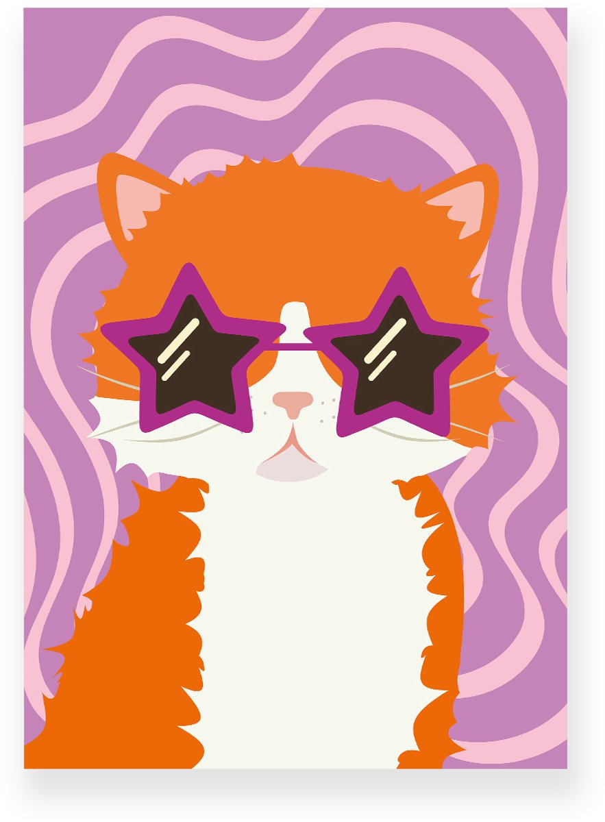 Yisual Poster 20x30 cm - Kat met zonnebril - Oranje - Paars - Dopamine Decor - Dieren - Muurdecoratie - Wanddecoratie