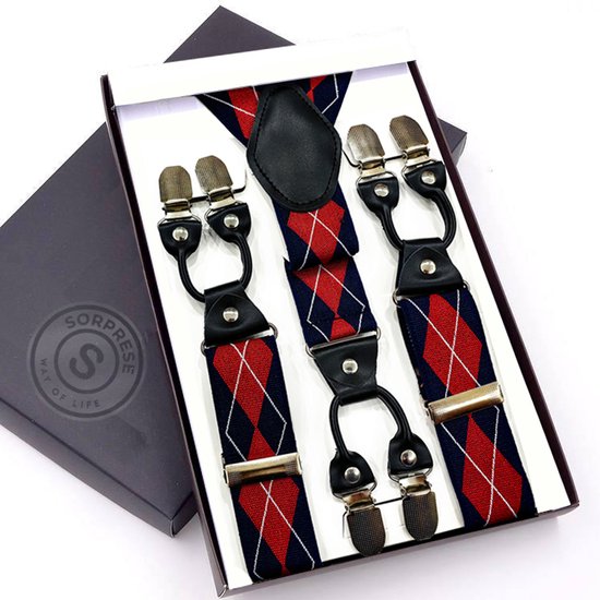 Bretels met ruitpatroon in rood, blauw en wit, met zwart leer en zilverkleurige clips.