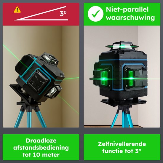 Zwarte laserwaterpas met blauwe accenten op een blauw statief, projecteert groene lijnen. Waarschuwt voor niet-parallelle helling tot 3 graden.