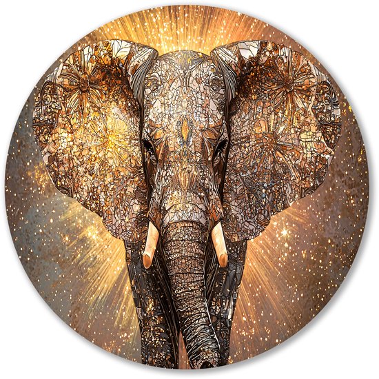 Mosaïque dorée art éléphant - Cercle mural éléphant - Horloge murale animaux - Art Déco - Art rond mural - Peintures style classique - Cercle mural aluminium 60x60 cm
