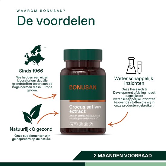 Donkerbruine fles met groen en grijs etiket met "Crocus sativus extract" en "Affron® saffraankrokus, goed voor de gemoedstoestand".