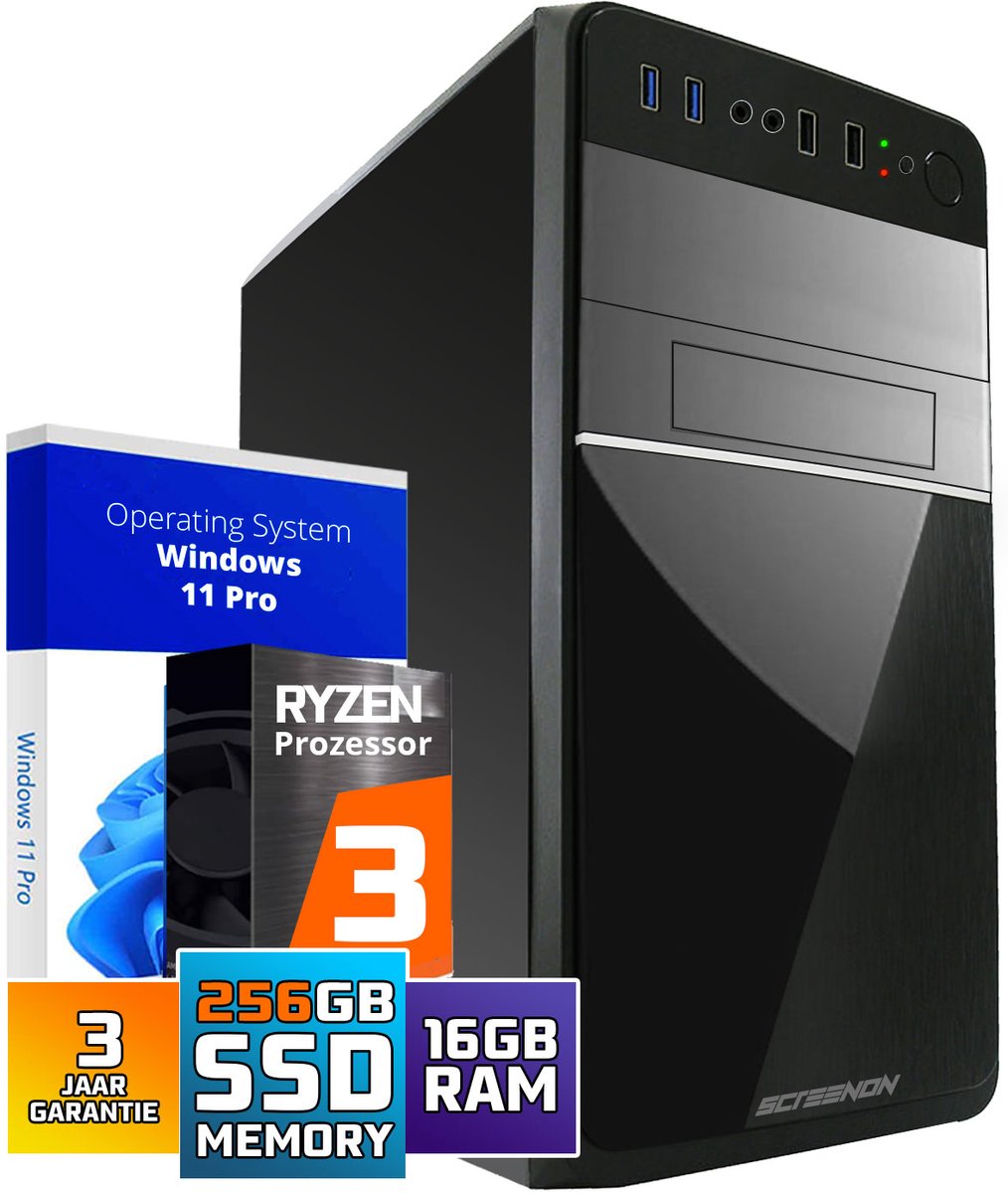 Office PC - Ryzen 3 - 256GB SSD - 16GB RAM - Radeon RX Vega 8 - WX28275 - Windows 11 - ScreenON - Allround Computer + WiFi & Bluetooth