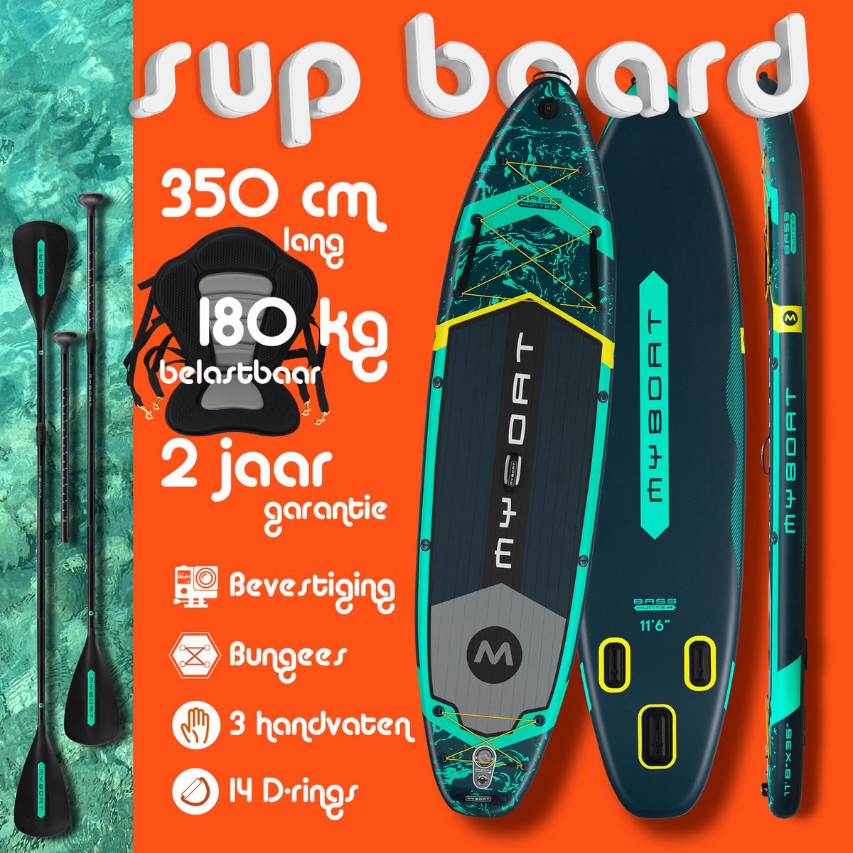 Luxe zeer complete set | BassHunter Kajak Peddel Boord | 350cm lang MyBoat SUP Board Set met 7 cm hoog stevig zitje plus tweede extra 4 delige peddel voor kano ervaring | 2 personen | Samen Stand Up peddelen | 168 Kg belastbaar gewicht | kajakken
