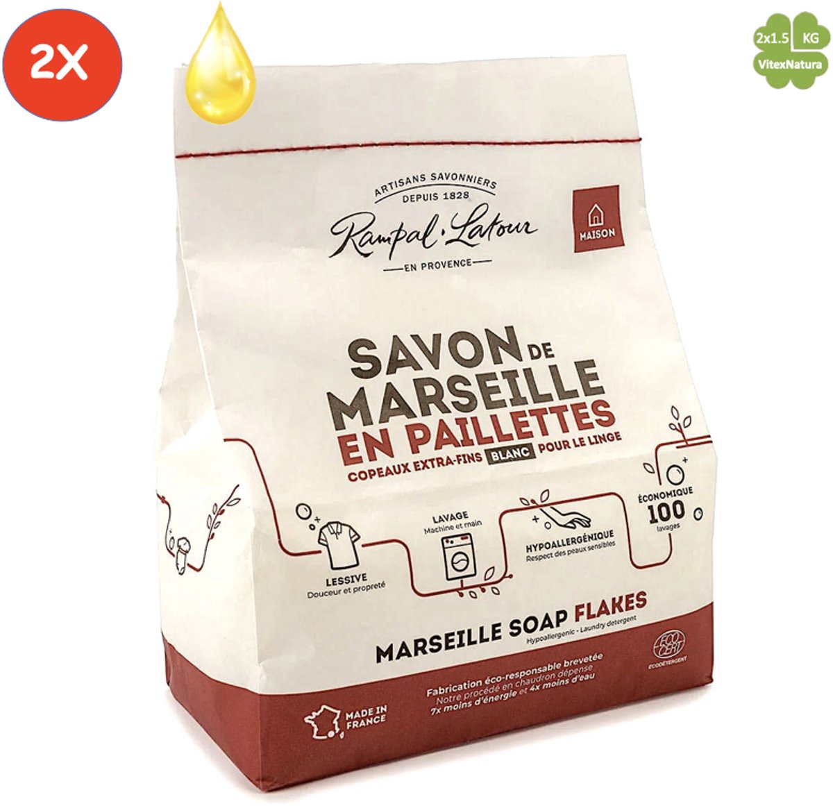 Marseille zeepvlokken wit met plantaardige olie 2x 1.5 kg | Rampal Latour | Zuinig Ecologisch Milieuvriendelijk Hypoallergeen | Zonder conserveermiddel