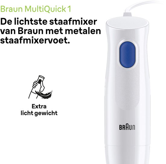 Witte Braun MultiQuick 1 staafmixer met zilveren voet en blauwe knop. Illustratie toont een veer die lichtgewicht aangeeft.