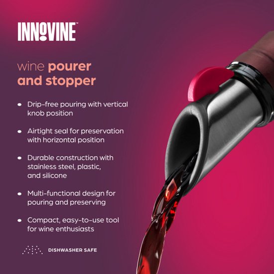 Innovine wijnschenker en stopper: roestvrij staal, plastic en siliconen, met productvoordelen.