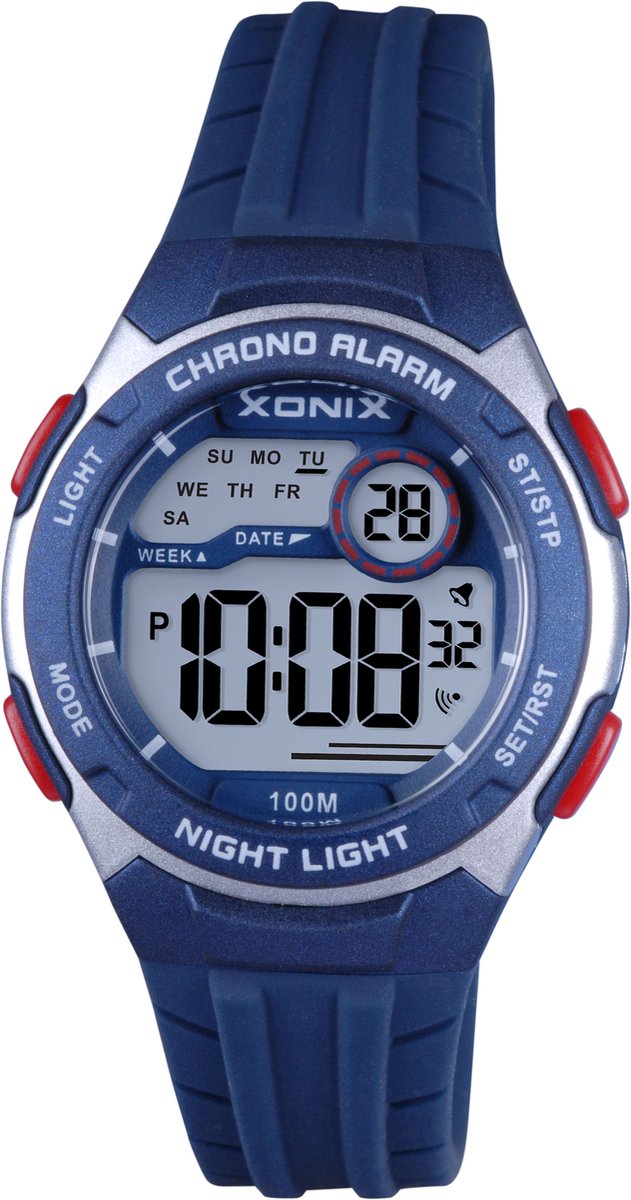 Xonix BBO-006 - Horloge - Polshorloge - Digitaal - Kinderen - Unisex - Rond - Siliconen band - ABS - Schermverlichting - Alarm - Datumaanduiding - Start-Stop - Tweede tijdzone - 12-24H - Chronograaf - DonkerBlauw - LichGrijs - Rood