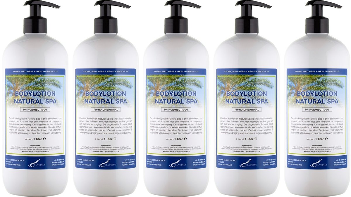 Bodylotion Natural Spa 1 Liter - met gratis pomp - set van 5 stuks - Voordeelverpakking