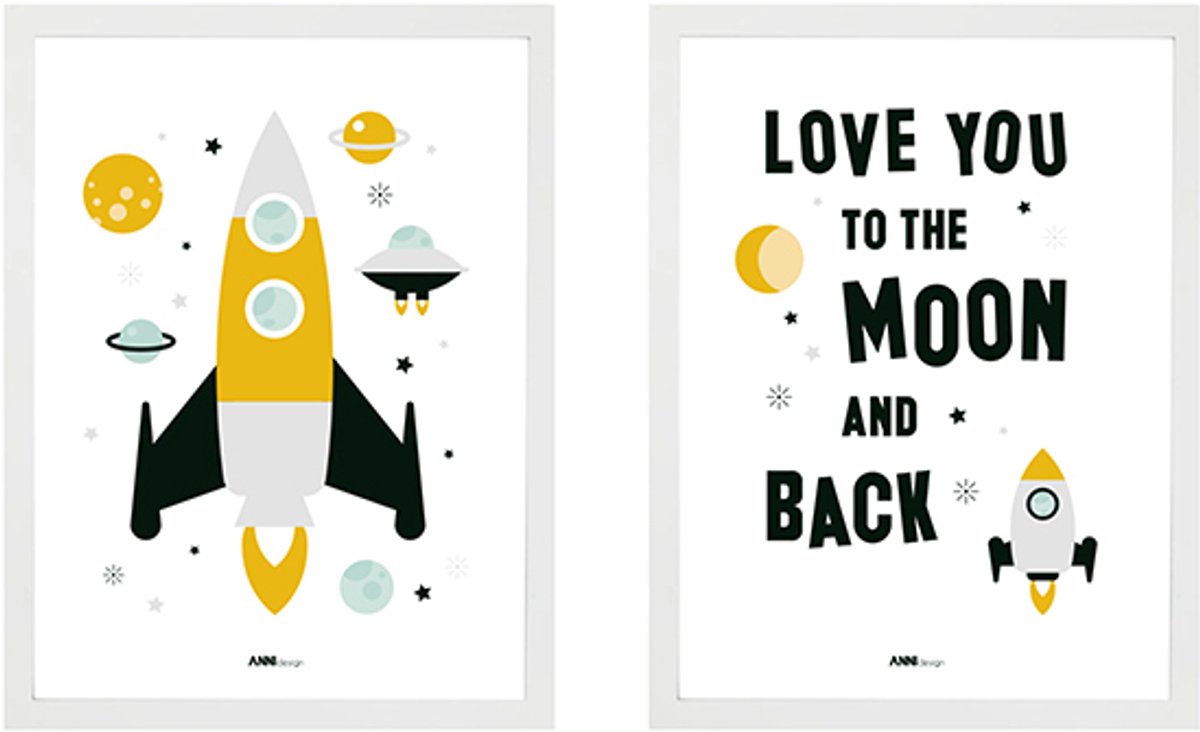 Poster set Raket wit 2x maat A3 – raket – ruimte – ruimtevaart - kinderkamer - jongenskamer - muurdecoratie - kinderkamerstyling – kinderkameraccessoire