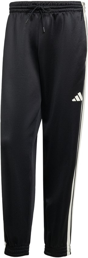 Zwarte trainingsbroek met witte strepen aan de zijkant en een wit Adidas logo.