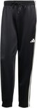 Zwarte trainingsbroek met witte strepen aan de zijkant en een wit Adidas logo.