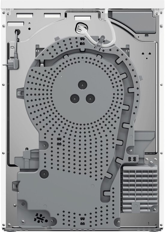 De achterkant van een witte warmtepompdroger. Met een grijs rond element met perforaties en een U-vormig element.