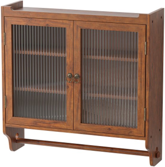 60CM glazen deur vintage dubbele deur wandkast met drie lagen opbergruimte met handdoekenrek, voor badkamer, keuken, eetkamer, bruin