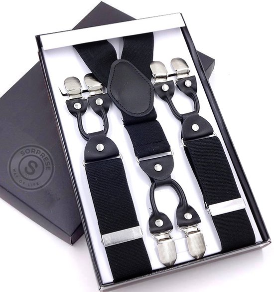 Sorprese - Bretelles de Luxe Chique - Zwart - Cuir Zwart - 6 clips robustes - Bretelles Bretelles Adultes - Coffret cadeau inclus