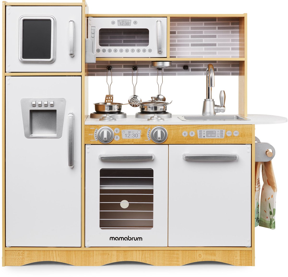 Mamabrum Houten Speelgoedkeuken XL - Kinderkeuken met accessoires - Speelgoed keuken incl pannenset, keukengerei, keukenschort, keukenset - Speelkeukentje voor kinderen vanaf 3 jaar — afbeelding 2