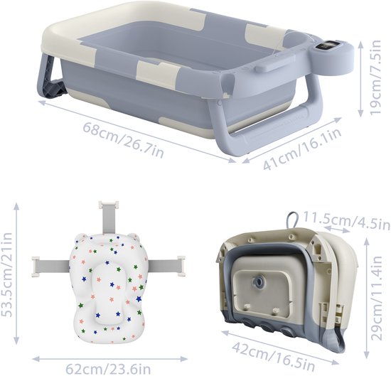NAIZY Babybadje 68x41x19 cm Opvouwbaar badje incl. badmat, thermometer en temperatuurscherm Babybadje Antislip Draagbaar Babybadje, Lichtblauw van NAIZY — afbeelding 4
