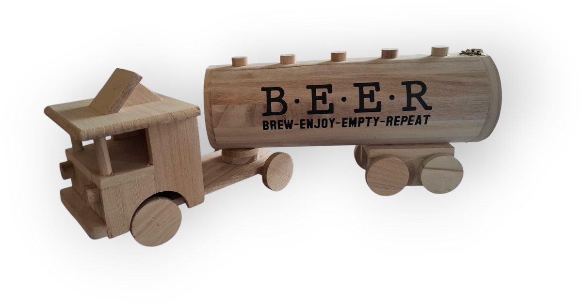 Houten tankwagen vrachtwagen met plek voor flesje bier of wijn vaderdag truck mannen cadeau kado heren mancave chauffeur papa opa verjaardag