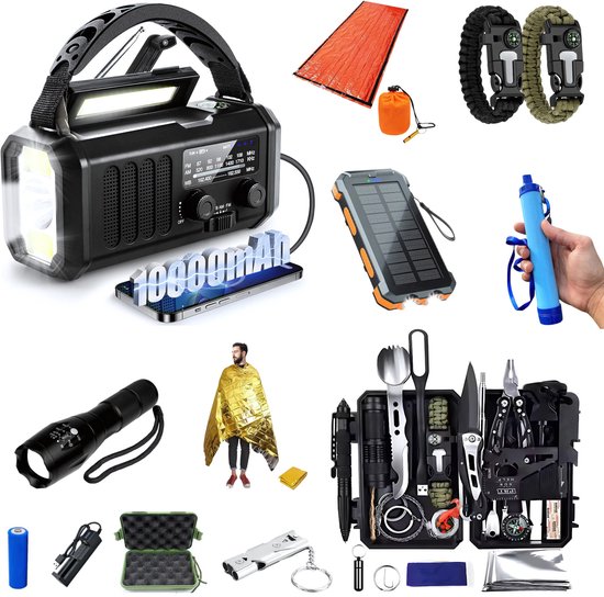 DreamGoods Compleet Noodpakket voor Thuis - door Overheid Geadviseerd - Noodradio dab Solar Opwindbaar - Denk Vooruit - Oorlog - Bij Rampen - De Luxe - Overlevingspakket - Survival Kit - Rampenrugzak - Zaklamp op Batterijen - Powerbank Zonneenergie