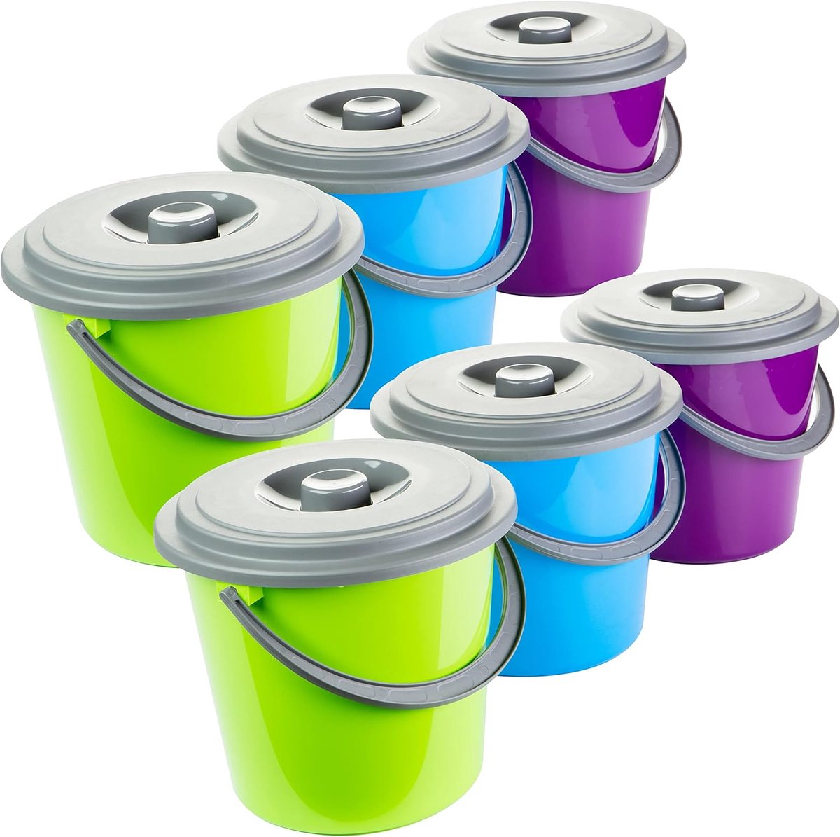 Schoonmaakemmers 5 Liter - Set van 6 met Deksel - Kunststof - Geschikt voor Levensmiddelen