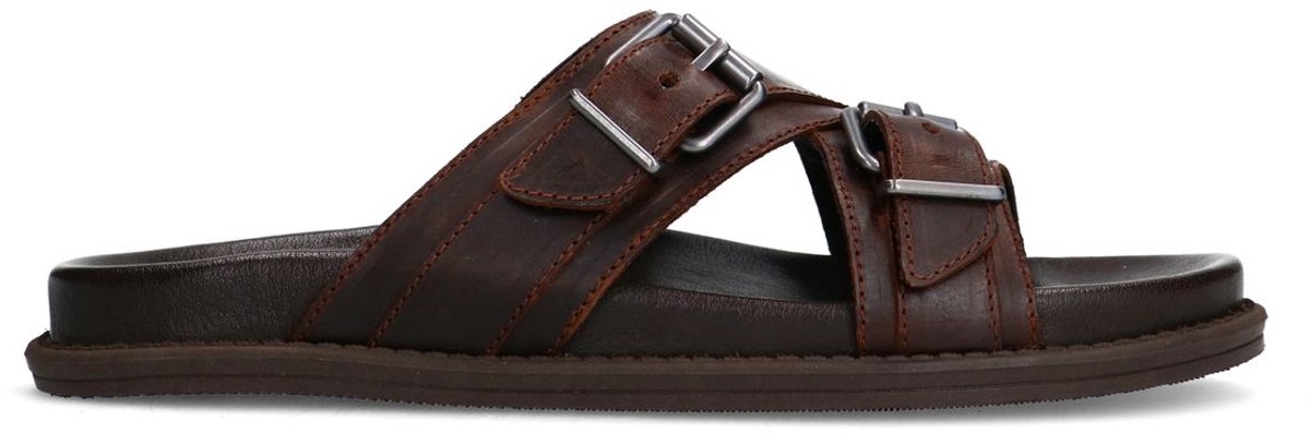 Manfield - Heren - Bruine leren slippers - Maat 44