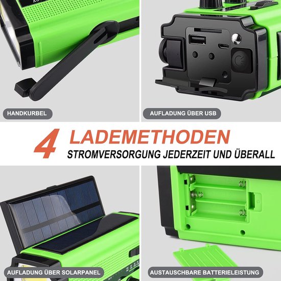 YIKANWEN Radio op zonne-energie, AM/FM zwengelradio, draagbaar, USB-noodradio met 4000 mAh oplaadbare batterij en handslinger, dynamo, geschikt voor kamperen en reizen (rood