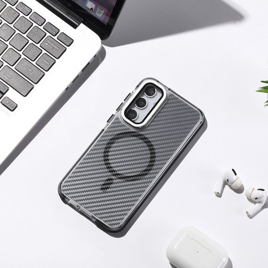 Étui Magsafe adapté pour Samsung S25 / S24, étui en carbone Heavy Duty Zwart avec côtés renforcés, MagSafe et béquille d'appareil photo